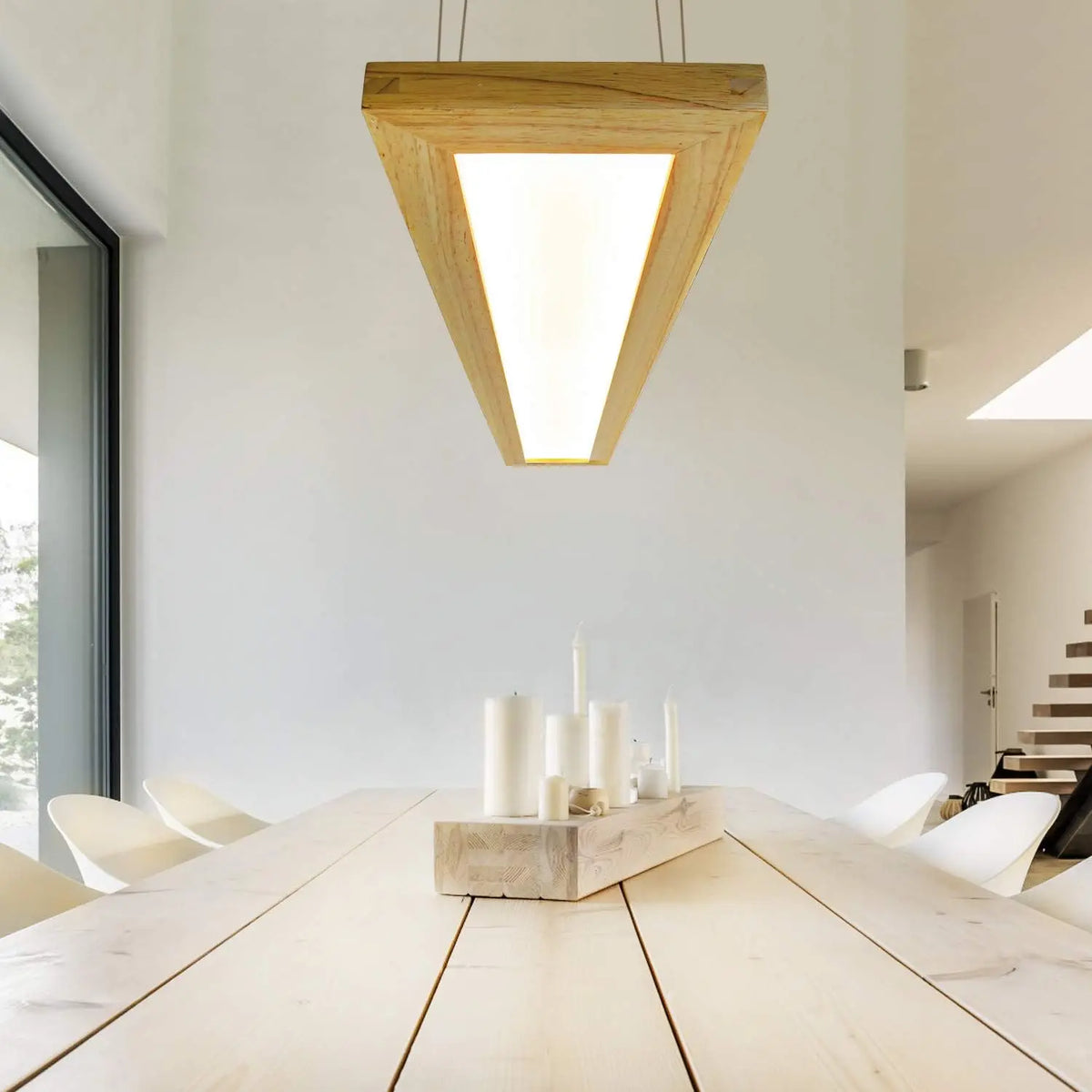 Suspension LED cadre en bois 100 cm, télécommande et hauteur réglable