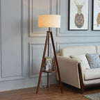 Lampadaire trépied en bois avec tablette, abat-jour tissu 152 cm