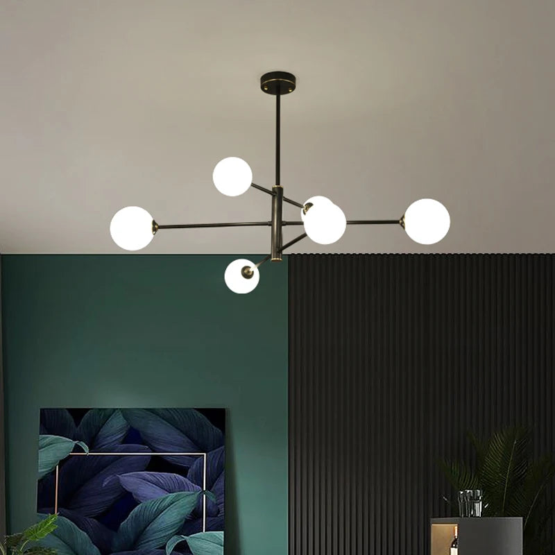 Lustre à globes opalins sur tige rigide, 6 ou 8 globes, noir ou doré
