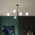 Lustre à globes opalins sur tige rigide, 6 ou 8 globes, noir ou doré