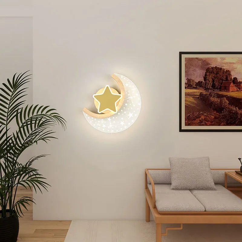 Applique murale croissant de lune et étoile LED, finition bois