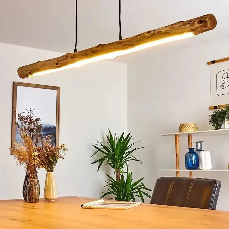 Suspension LED bûche en bois brut, 80 à 120 cm, lumière au choix