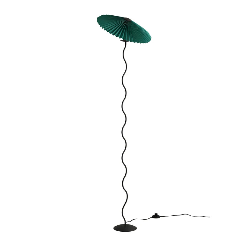 Lampadaire noir à tige ondulée et abat-jour plissé, 150 cm