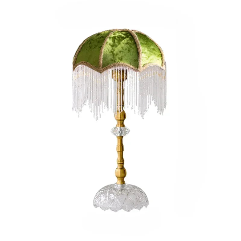 Lampe de chevet vintage en velours, abat-jour dôme à franges perlées