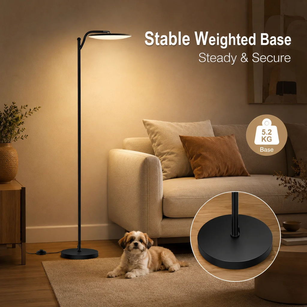 Lampadaire LED à tête disque inclinable, télécommande et pédale