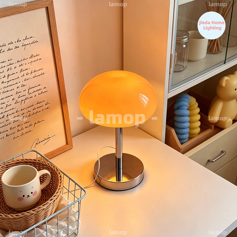 Lampe champignon en verre ovale sur tige chromée, 20 cm de diamètre