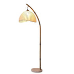 Lampadaire arc tige effet bambou, abat-jour festonné en tissu