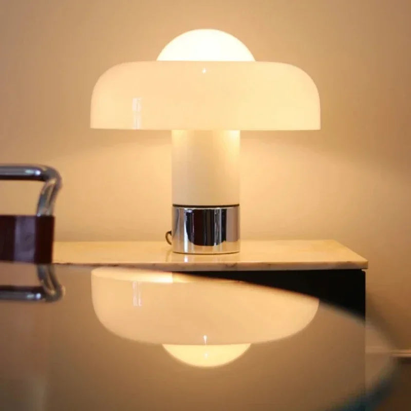 Lampe champignon en verre orange ou blanc, pied chromé, 35 cm
