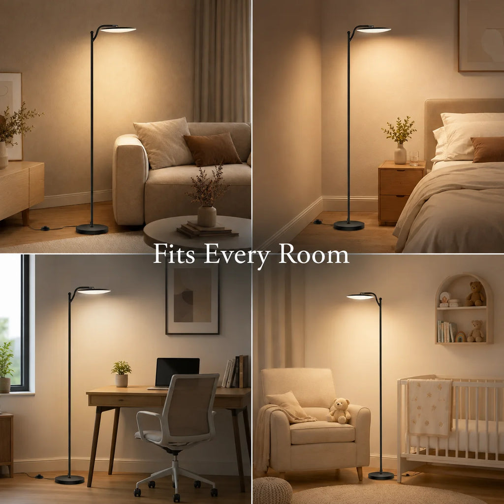 Lampadaire LED à tête disque inclinable, télécommande et pédale