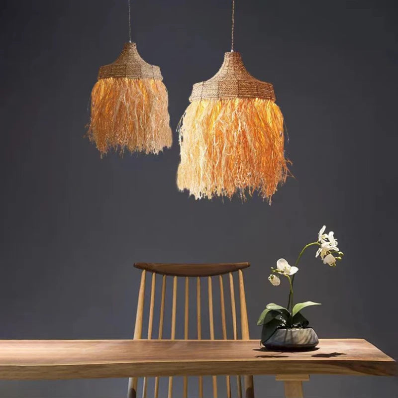 Lustre en raphia à longues franges, Ø 40 à 80 cm, LED fournie
