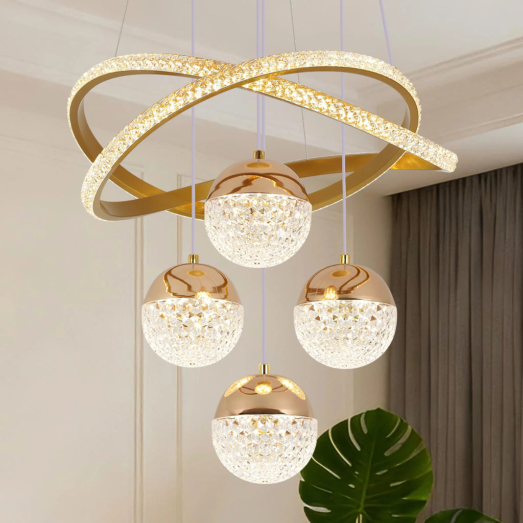 Lustre LED doré ou noir, anneaux de cristal croisés et 4 globes