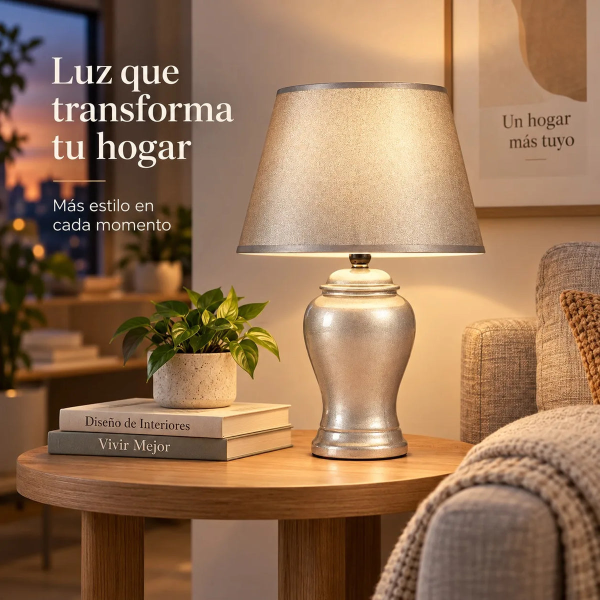 Lampe de chevet en céramique argentée, abat-jour en tissu, 39 cm