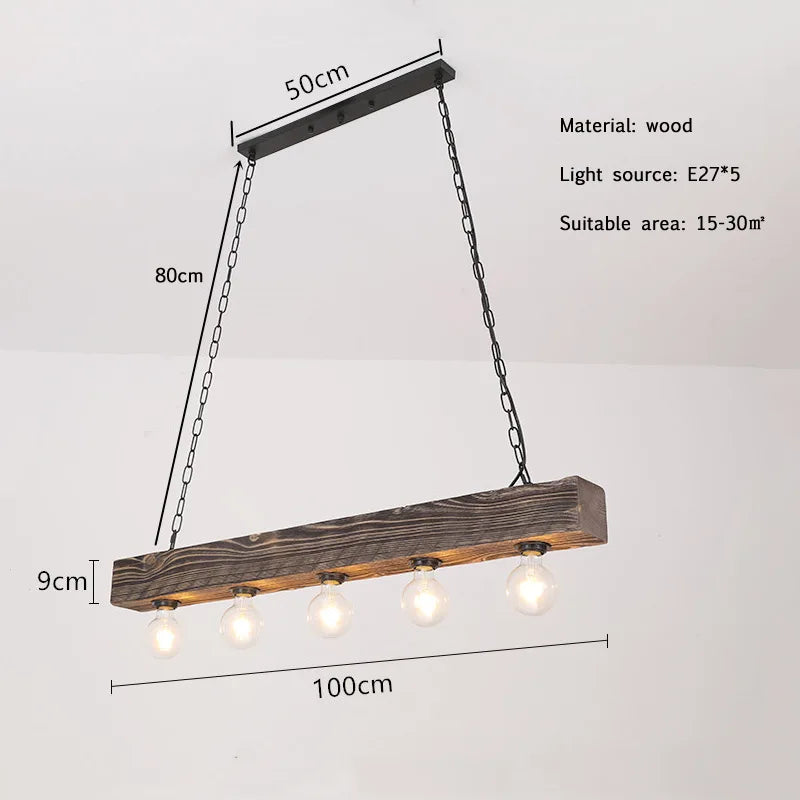 Lustre poutre en bois de 100 cm à 5 ampoules E27 apparentes