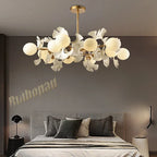 Lustre feuilles de ginkgo et globes en verre opalin, 8 à 18 lumières