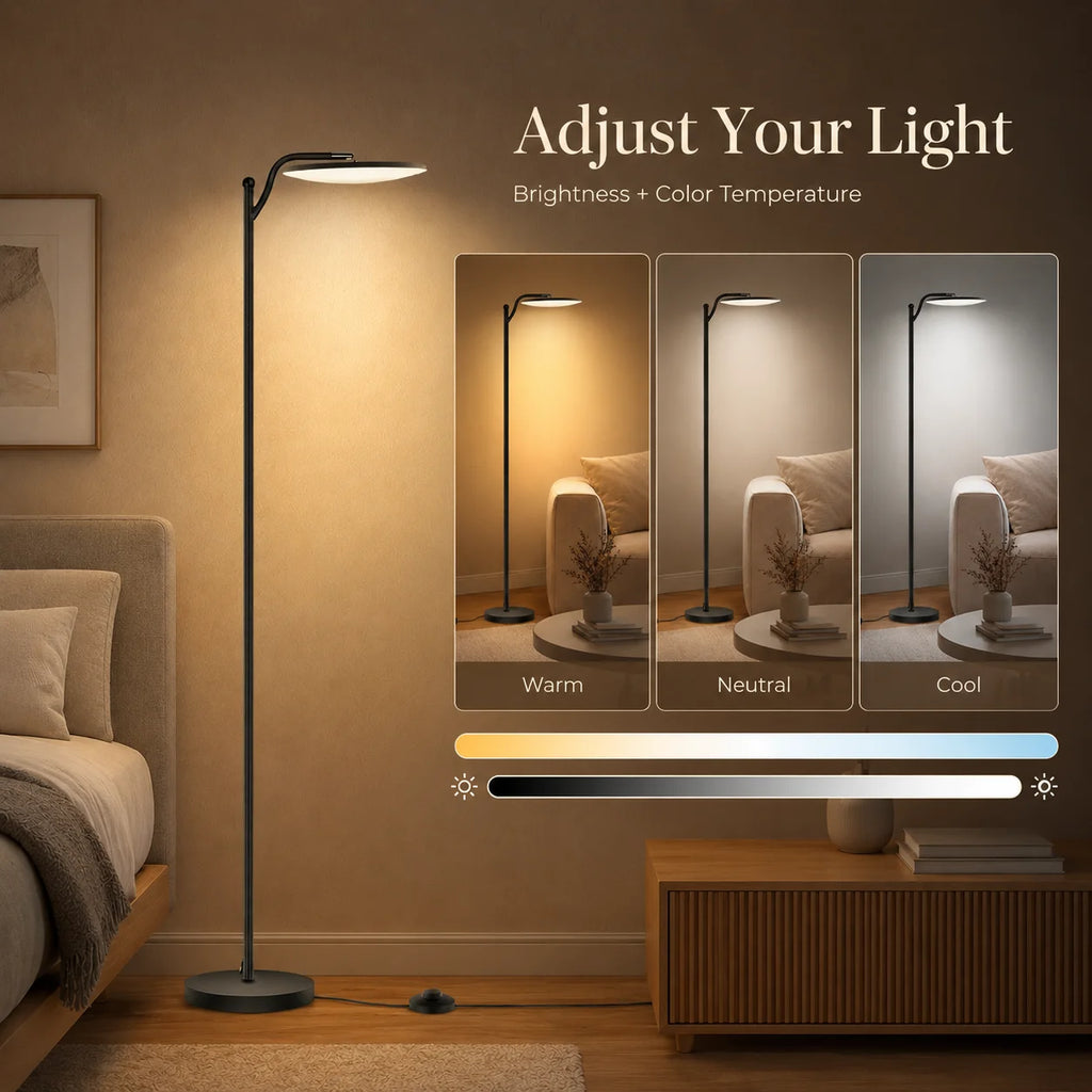 Lampadaire LED à tête disque inclinable, télécommande et pédale