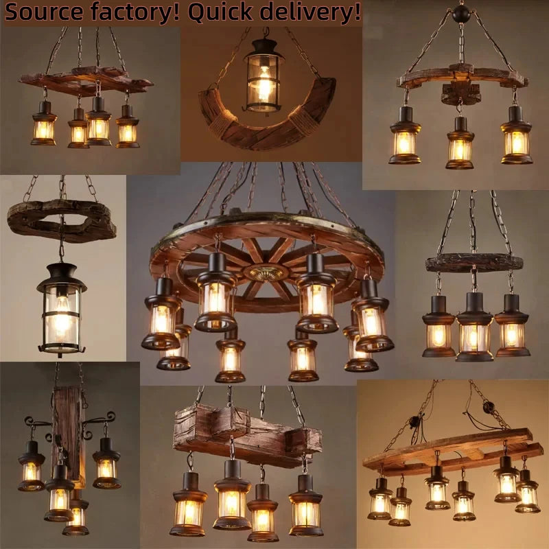 Suspension rustique en bois et lanternes de verre, 18 modèles