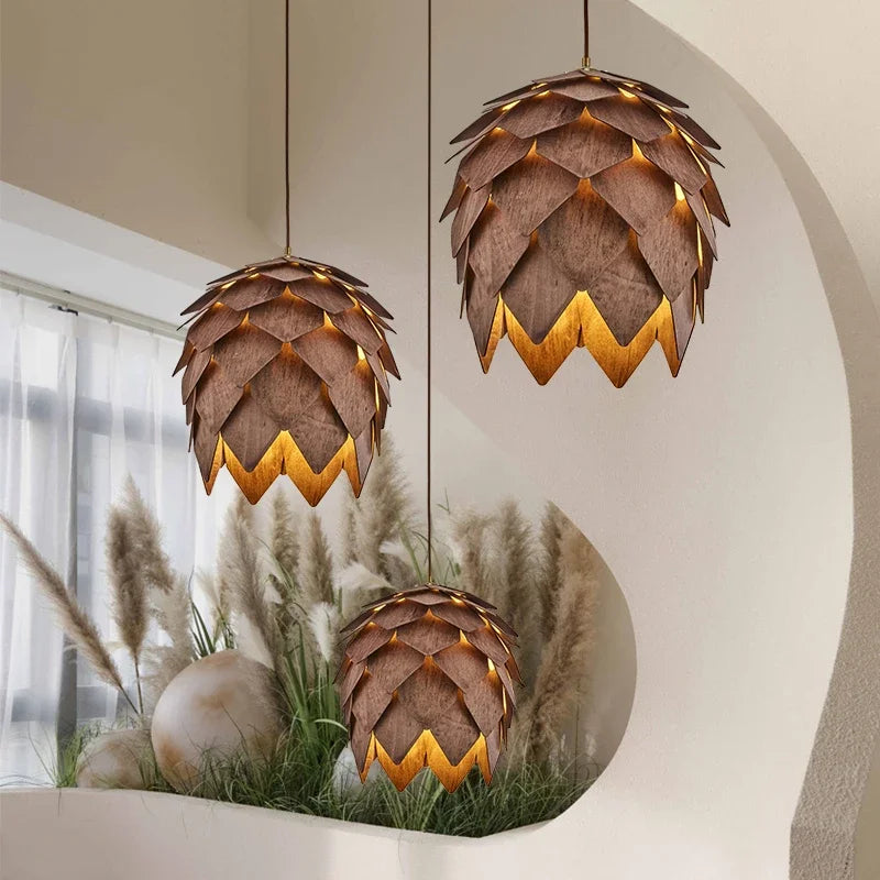 Suspension pomme de pin en bois, Ø 25 à 60 cm, douille E27
