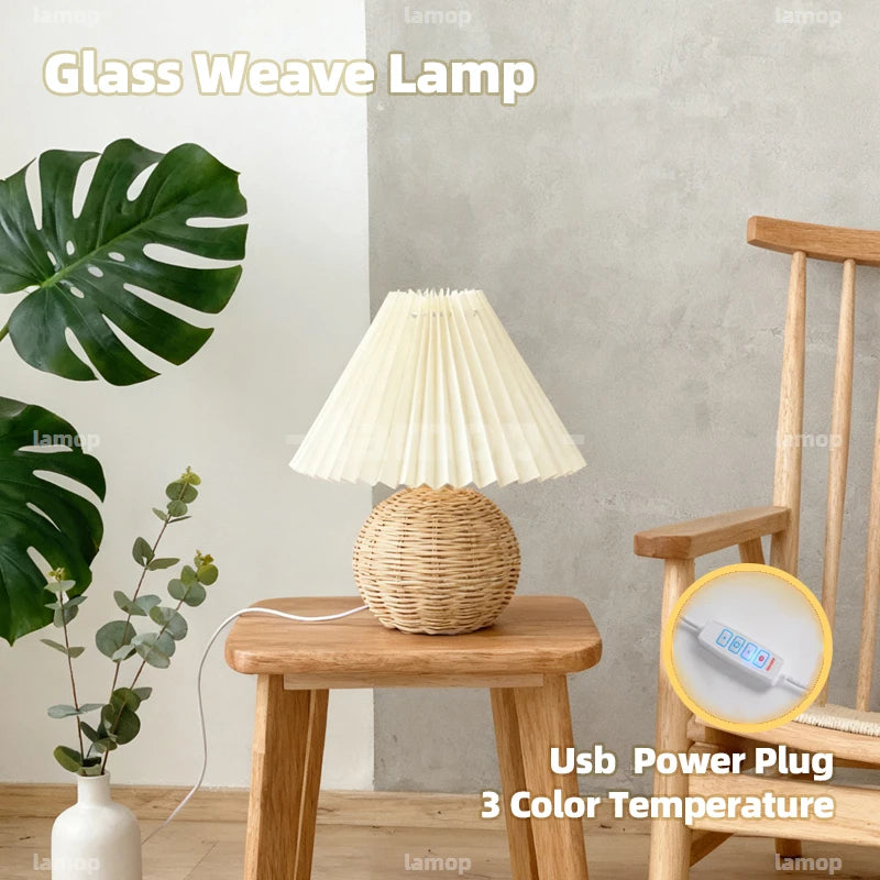 Lampe de chevet plissée sur boule en rotin, huit abat-jour au choix