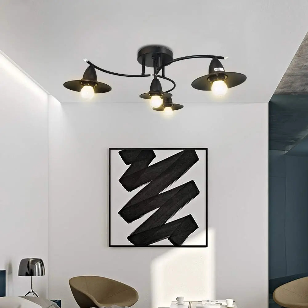 Plafonnier noir 4 lumières à bras courbes et abat-jour chapeau