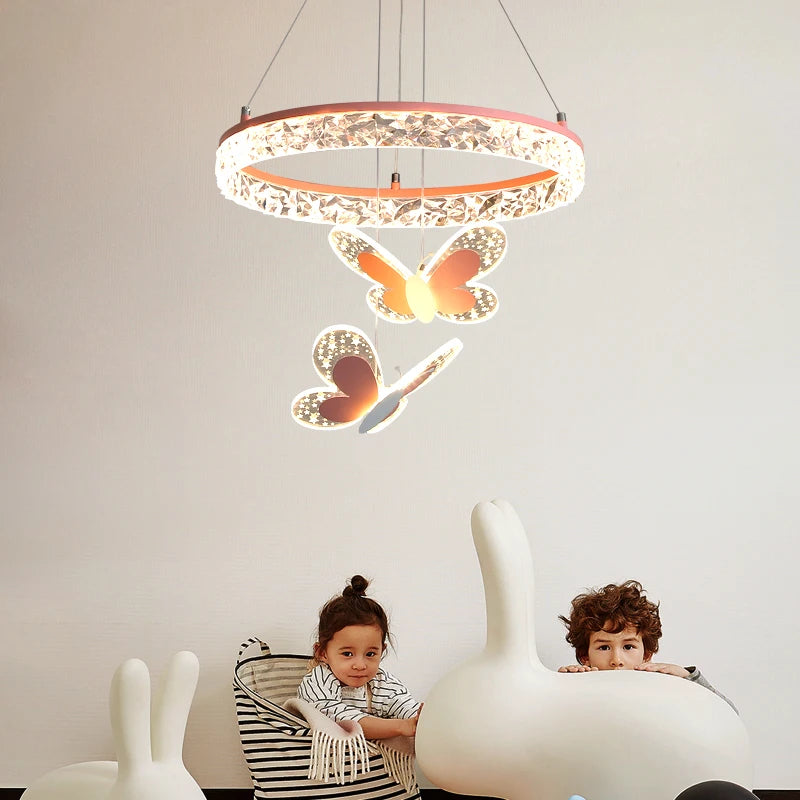 Lustre LED à anneau et papillons pour chambre de fille, rose ou blanc