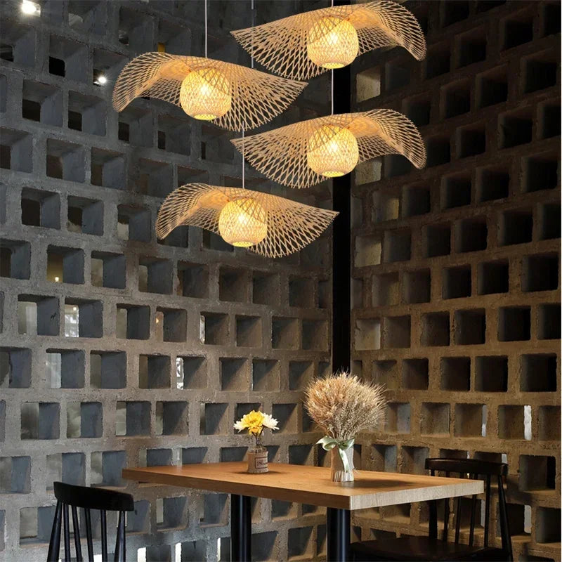 Suspension chapeau en lamelles de bambou, simple ou double voile