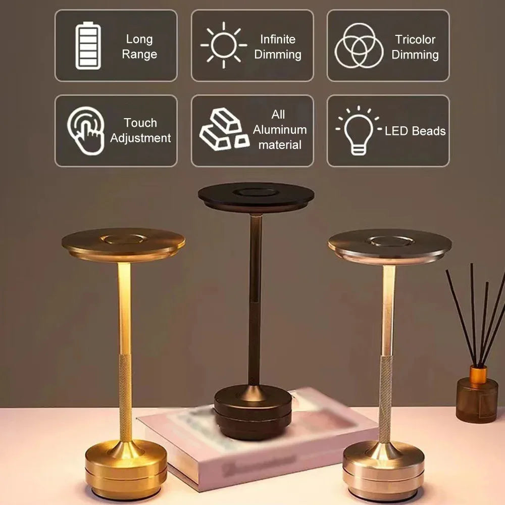 Lampe de table sans fil en aluminium, tactile, trois teintes