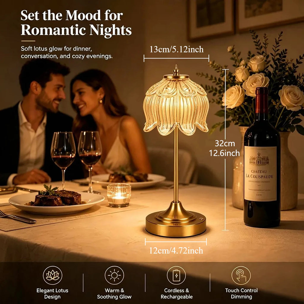 Lampe de table sans fil en verre ambré, tulipe ou lotus, pied doré