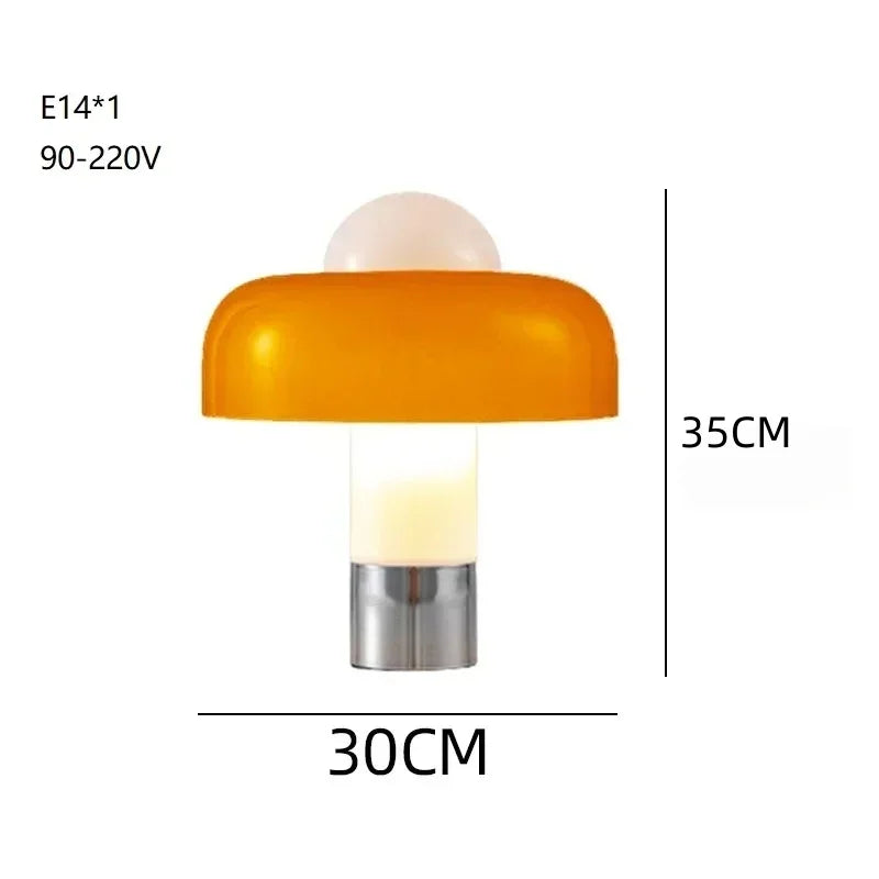 Lampe champignon en verre orange ou blanc, pied chromé, 35 cm