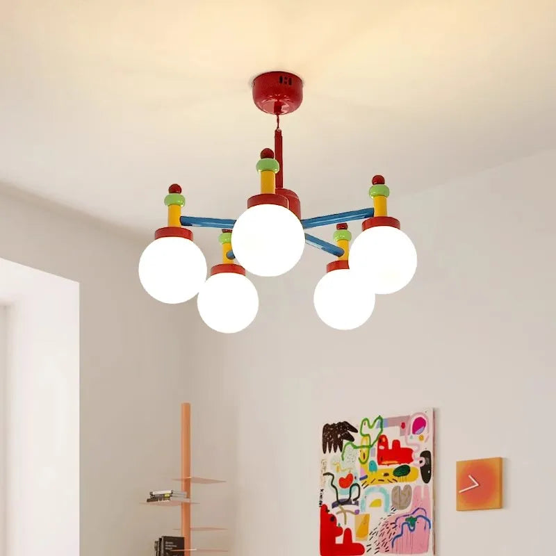Lustre chambre d'enfant style Memphis, bras colorés et globes en verre
