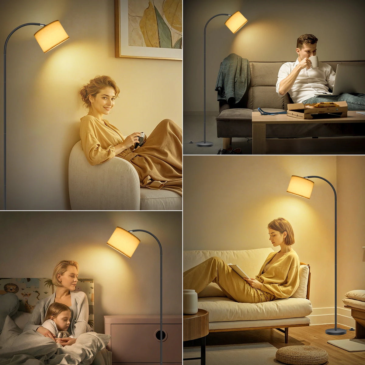 Lampadaire col de cygne, abat-jour en lin et ampoule LED fournie