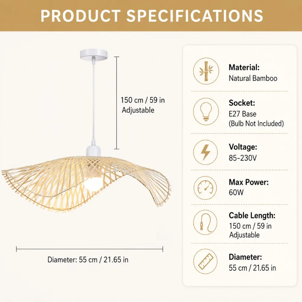 Suspension capeline en bambou ajouré, câble blanc réglable 150 cm