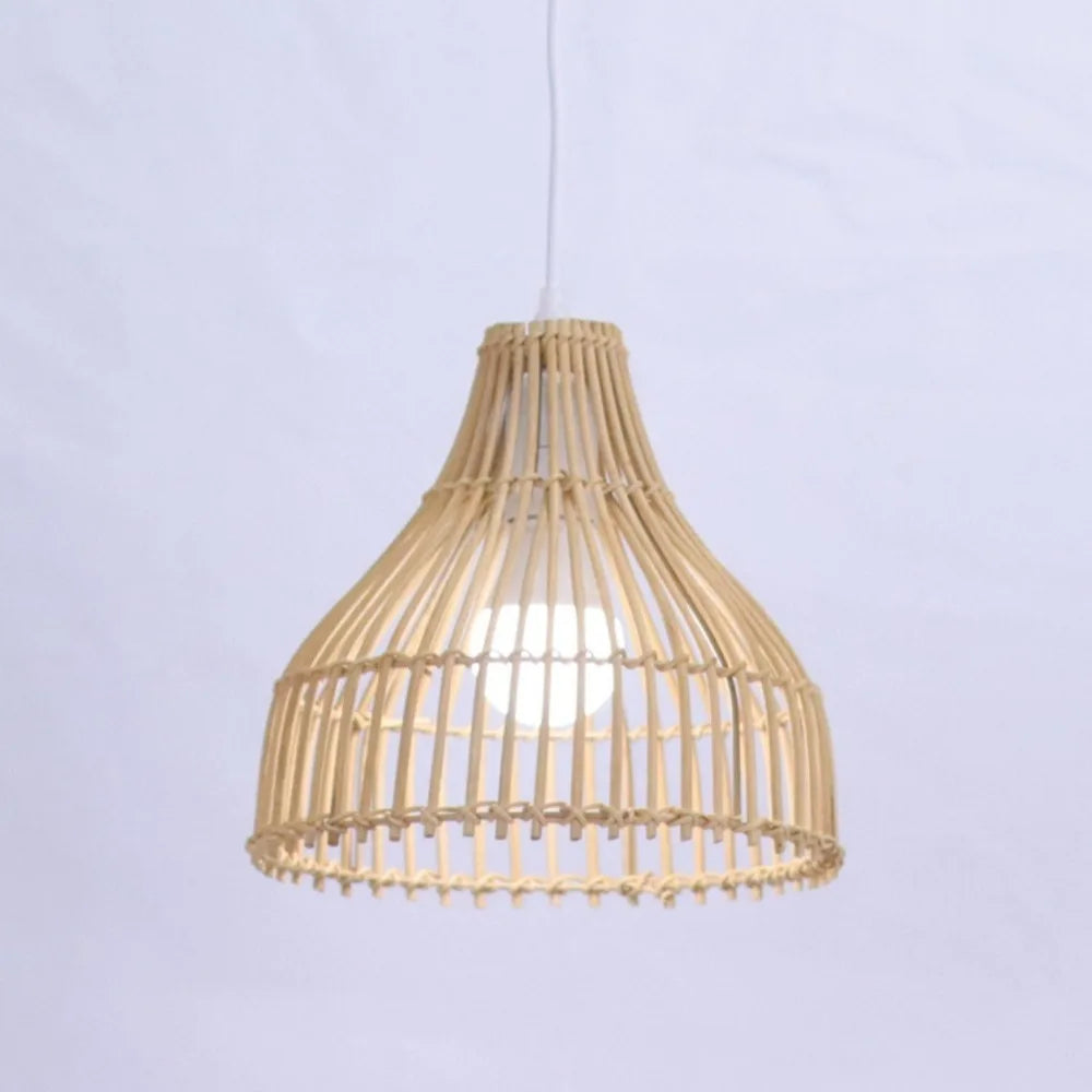 Petite suspension tulipe en lattes de rotin Ø 24 cm, rosace bois