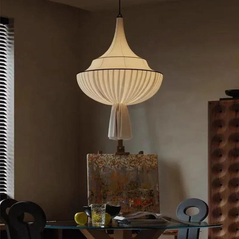 Suspension en tissu drapé blanc à liserés noirs, Ø 50 ou 60 cm