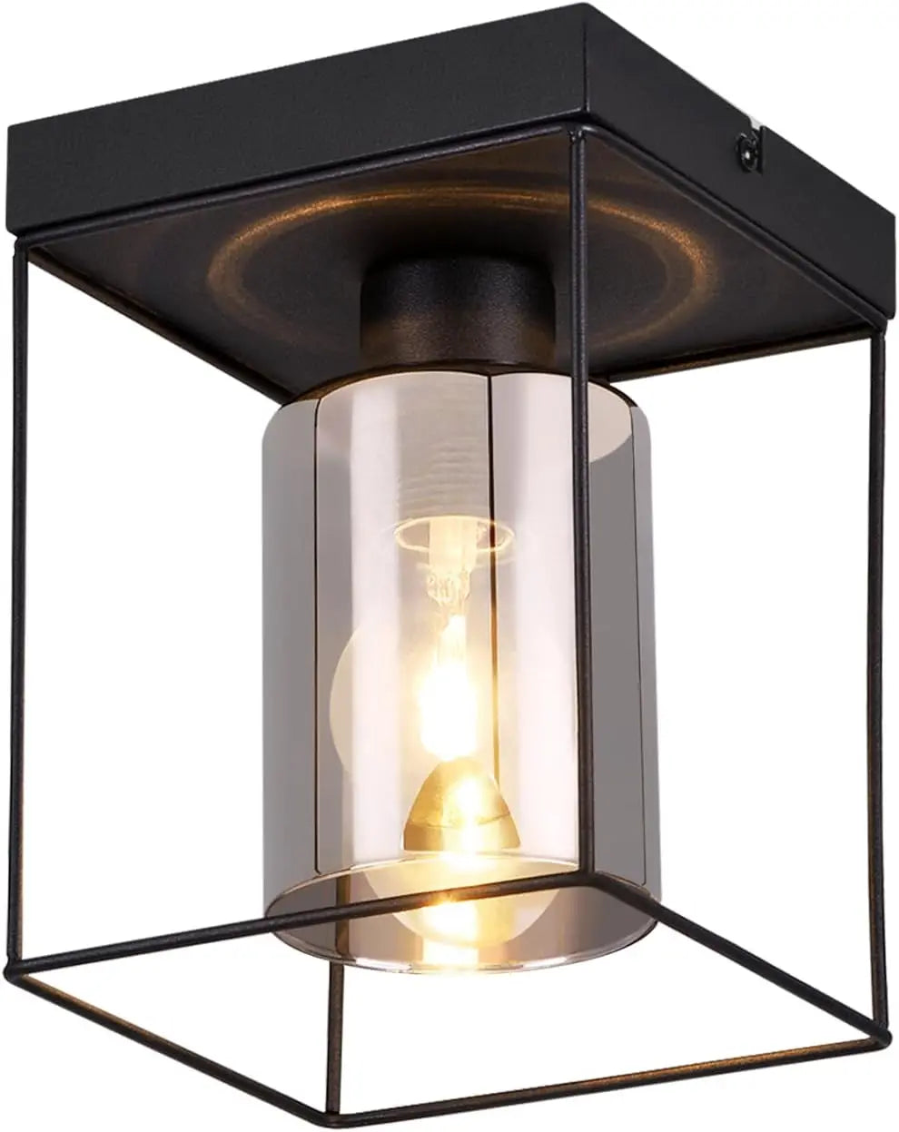 Plafonnier cage noire et cylindre en verre fumé, E27, 1 ou 4 lumières