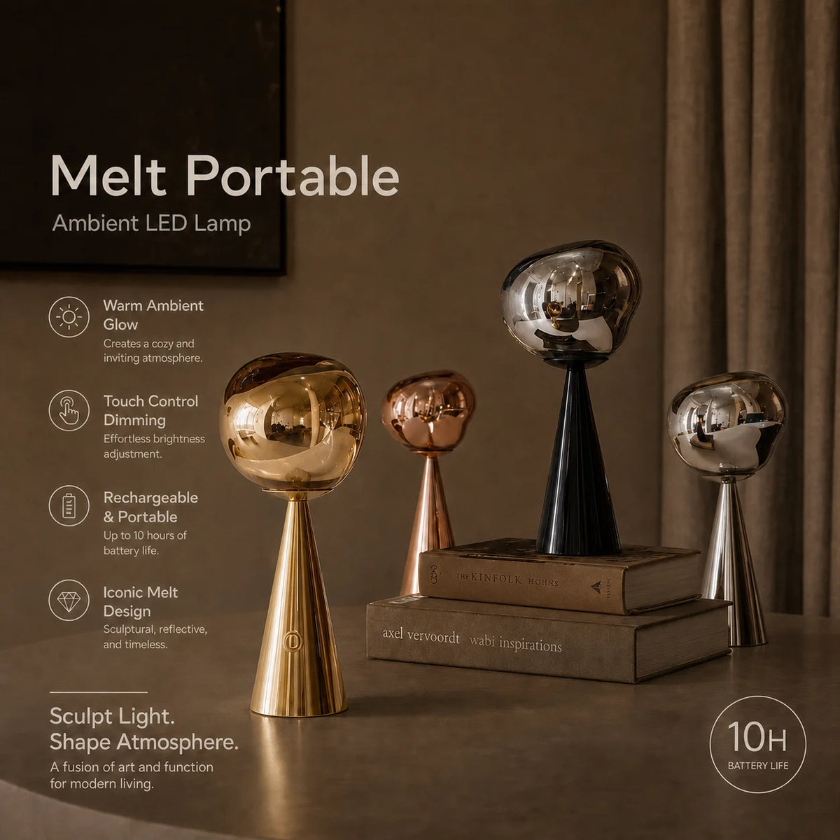 Lampe de table sans fil à globe en verre fondu, pied conique