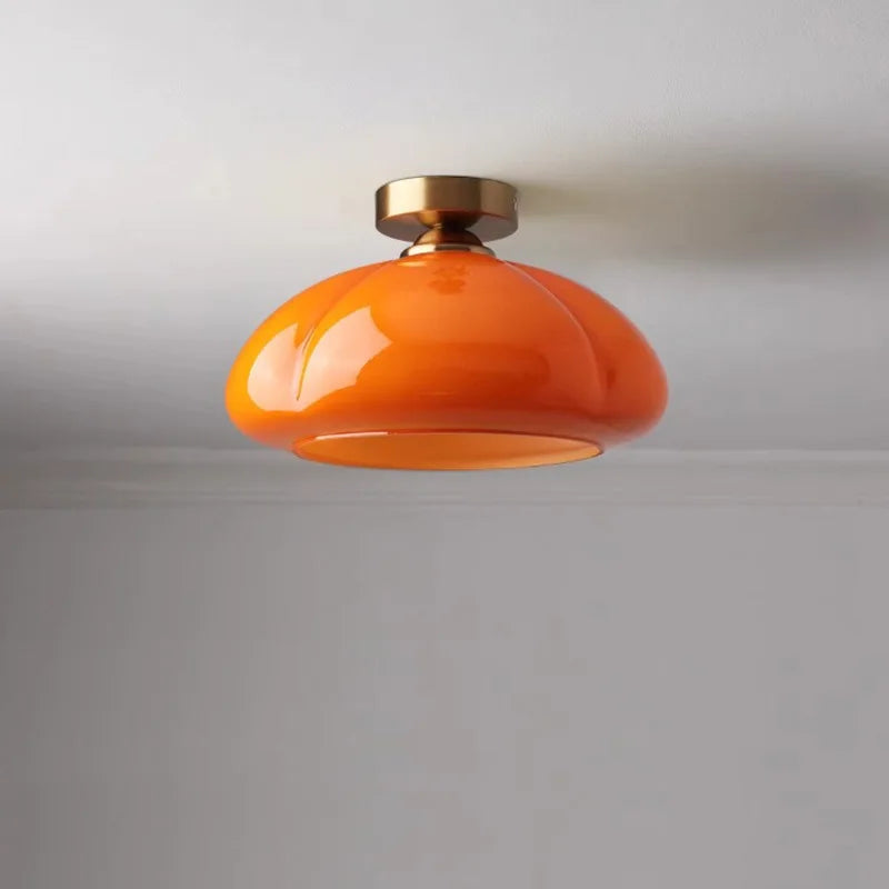 Plafonnier citrouille en verre orange ou crème, embase laiton Ø 30 cm