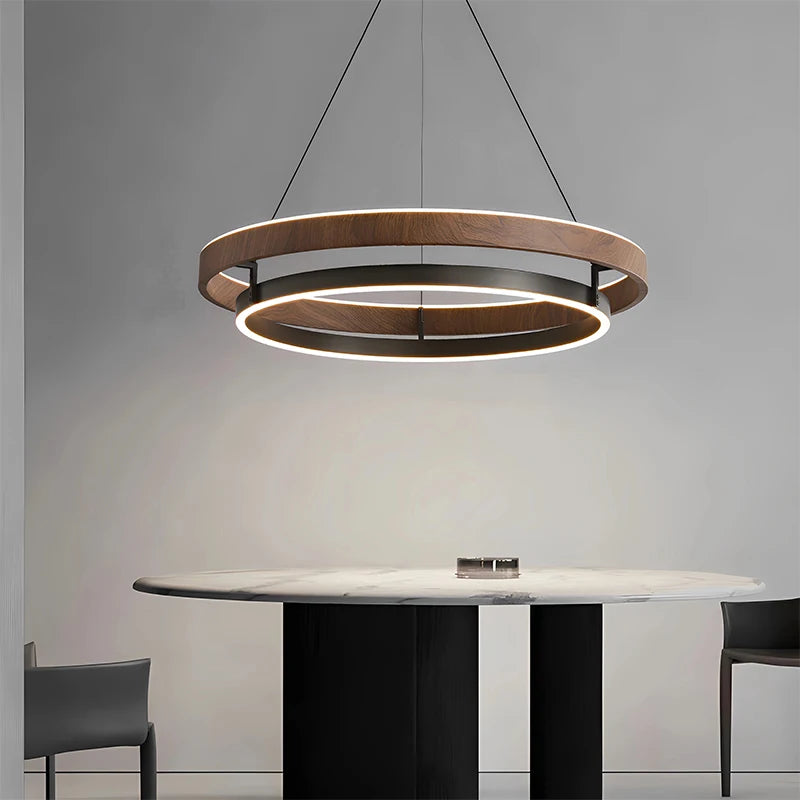 Suspension anneau LED décor noyer et métal noir