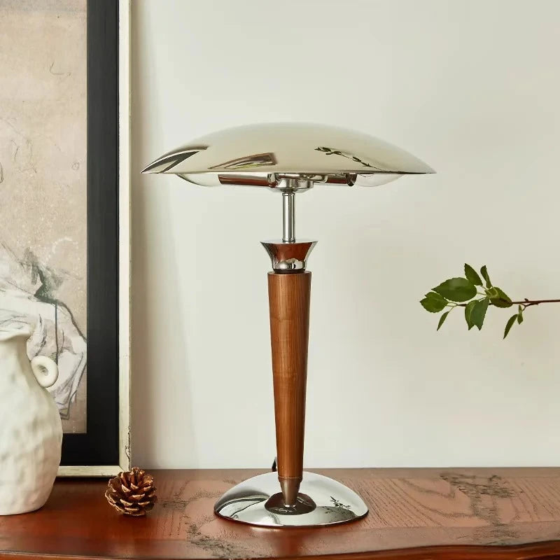 Lampe Art déco au dôme chromé, fût en bois