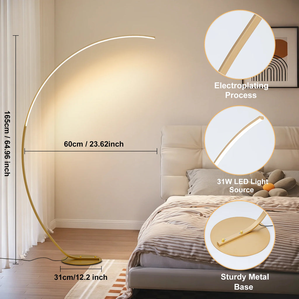 Lampadaire arc LED blanc ou doré, 165 cm, de 3000 à 6500 K