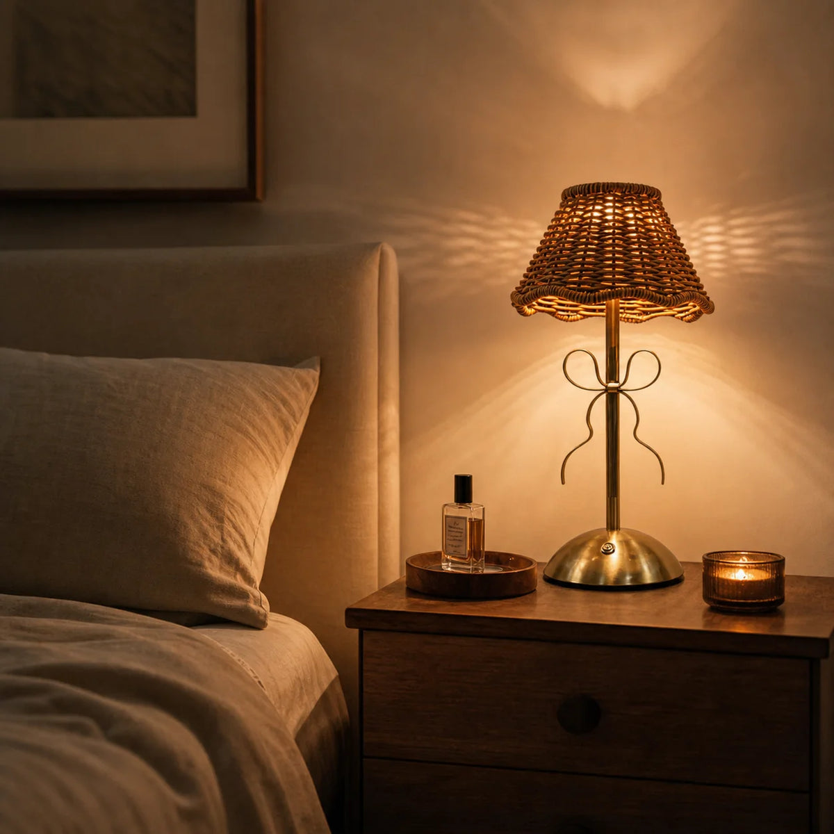 Lampe sans fil en rotin au nœud papillon doré