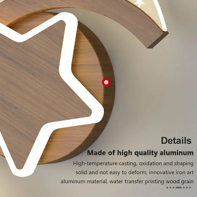 Applique murale croissant de lune et étoile LED, finition bois
