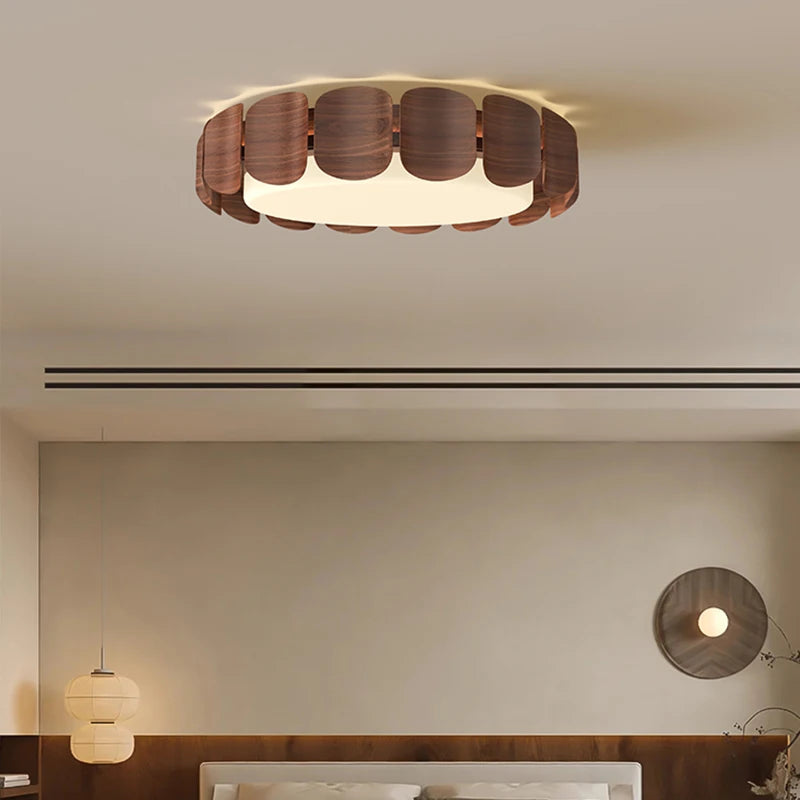 Plafonnier à pétales en bois ton noyer Ø 50 cm, LED trois teintes