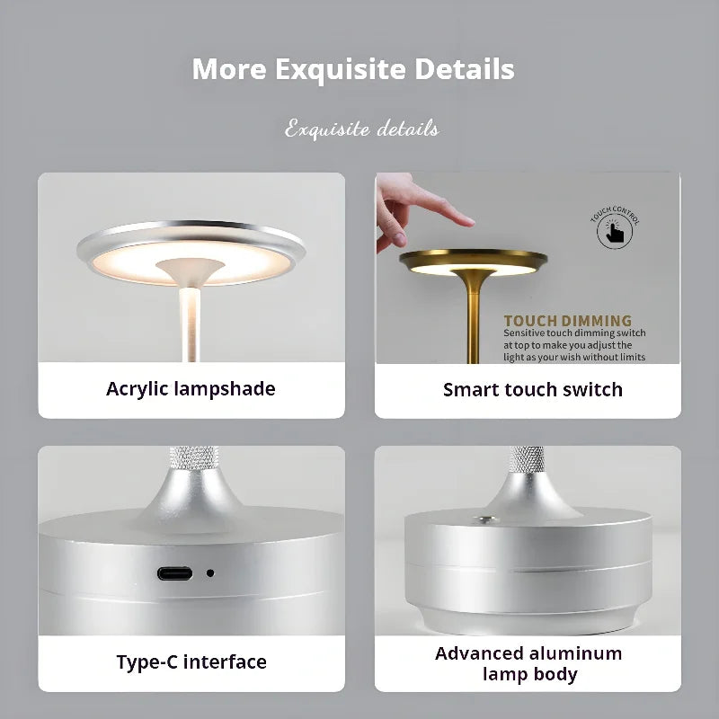 Lampe de table sans fil en aluminium, tactile, trois teintes