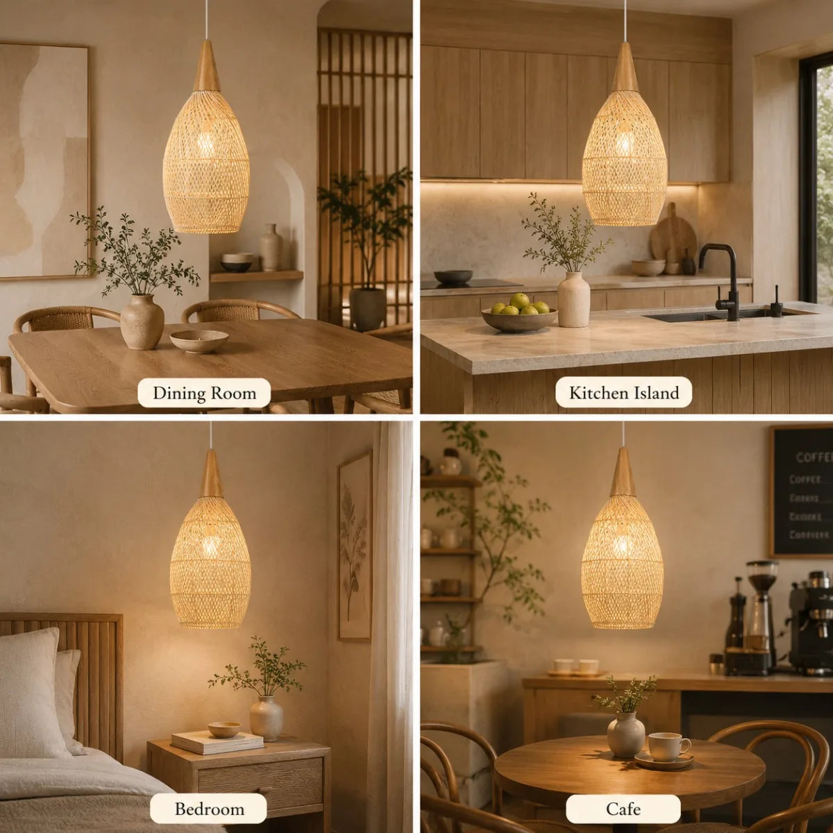 Suspension goutte en rotin et bois clair, Ø 25 ou 35 cm, câble 150 cm