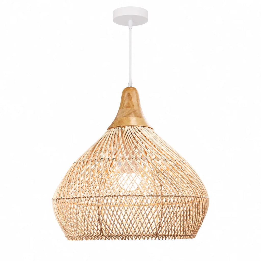 Suspension bulbe en rotin, coiffe en bois et câble blanc de 150 cm