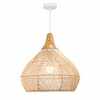 Suspension bulbe en rotin, coiffe en bois et câble blanc de 150 cm