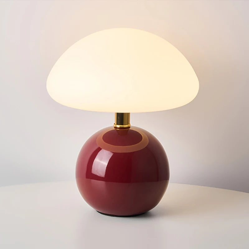 Lampe champignon en céramique brillante, chapeau opalin, 22 cm