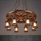 Lustre roue de charrette en bois à lanternes, 1 à 8 lumières E27