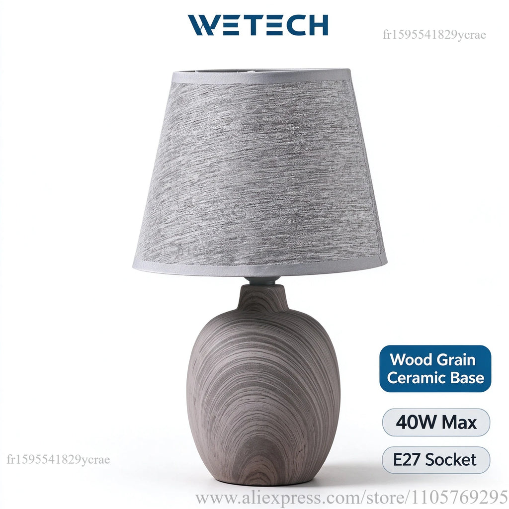 Petite lampe de chevet en céramique effet bois, abat-jour gris