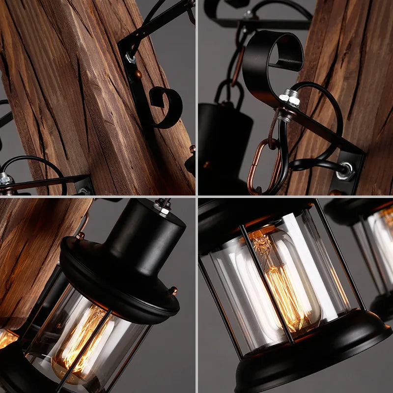 Suspension en bois vieilli à lanternes, lustre esprit taverne